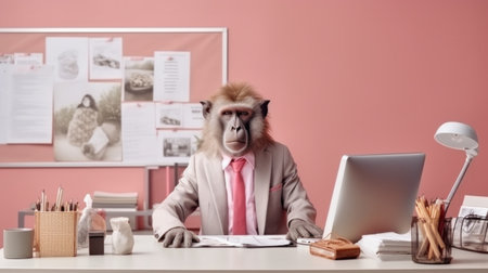 A monkey in a suit sitting at a desk with a laptop, AIの素材