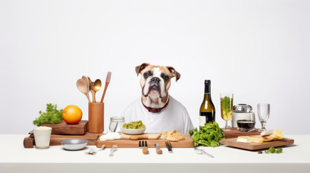 A dog sitting at a table with food and wine, AIの素材