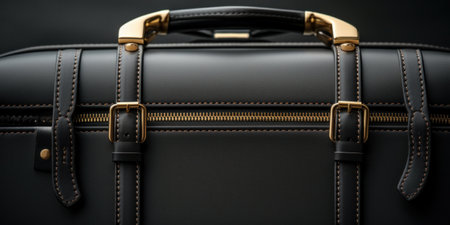 A black suitcase with gold handles on a black background, AIの素材