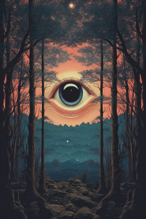 A painting of an eye in the middle of a forest, AIの素材