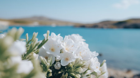 A bunch of white flowers near a body of water, AIの素材