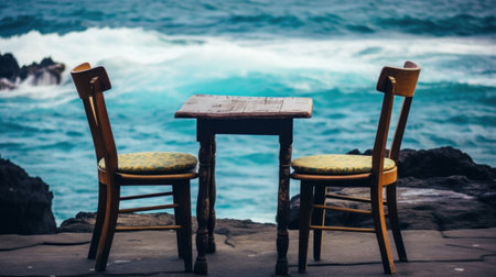 Two wooden chairs sitting next to a wooden table, AIの素材
