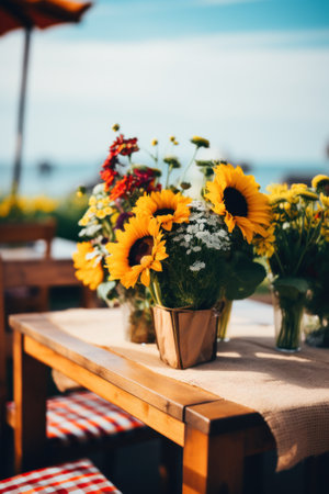 A wooden table topped with vases filled with sunflowers, AIの素材