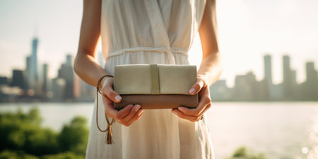 A woman in a white dress holding a tan purse, AIの素材