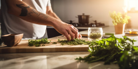 A man cutting up herbs on a cutting board, AIの素材