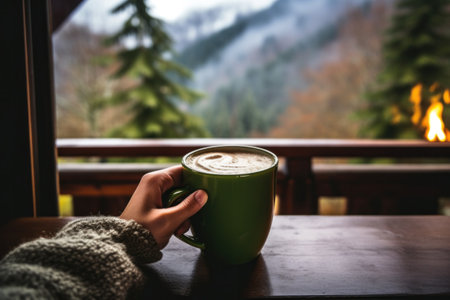 A person holding a cup of matcha latte green tea on a table, AIの素材