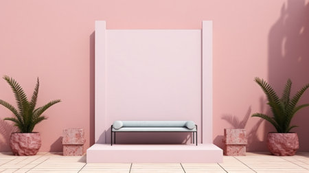 A pink room with a bench and potted plants, AIの素材