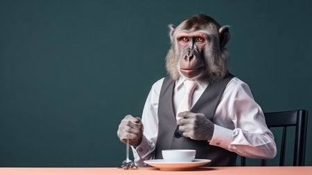 A man in a monkey mask eating a bowl of soup, AIの素材