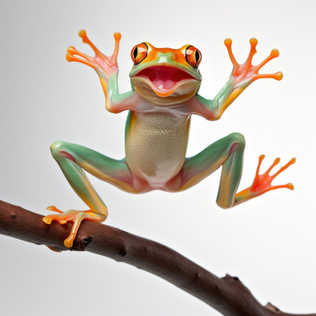 A frog sitting on a branch with its mouth open, AIの素材