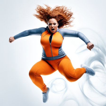 A woman in a blue and orange outfit jumping with smoke, AIの素材