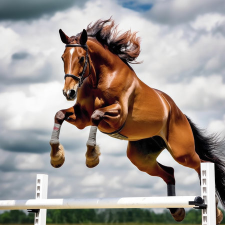 A horse jumping over a white fence in the sky, AIの素材