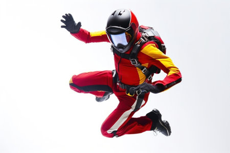 A man in red and yellow jumpsuit flying through the air, AIの素材