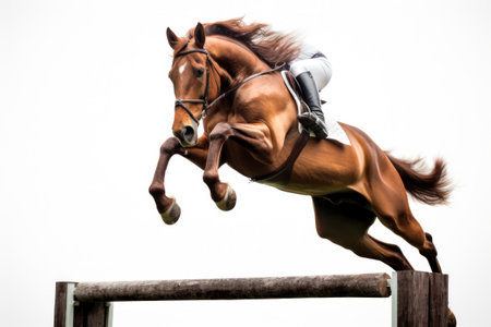 A horse jumping over a wooden pole in the air, AIの素材