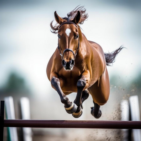 A horse jumping over a wooden fence in the air, AIの素材