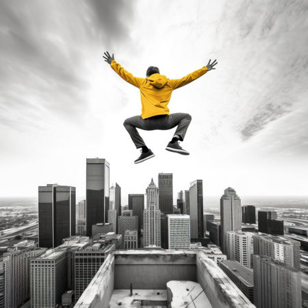 A man in yellow jacket jumping off a building into the air, AIの素材
