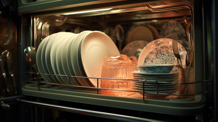 A dishwasher with a lot of dishes in it and some glasses, AIの素材