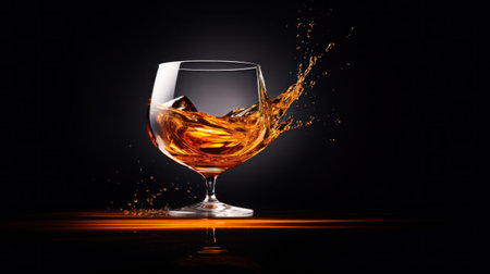 A glass of wine with a splash in it on black background, AIの素材