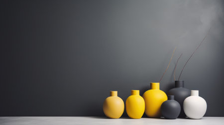 A group of vases are lined up against a wall with one yellow and two white, AIの素材