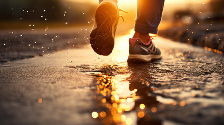A person walking on a wet road with their shoes in the air, AIの素材