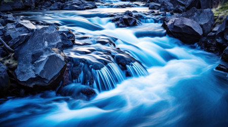 A river flowing through a rocky canyon with large boulders, AIの素材