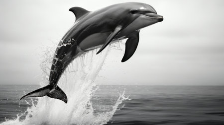 A dolphin jumping out of the water in a black and white photo, AIの素材