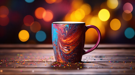 A colorful coffee cup sitting on a wooden table with lights, AIの素材