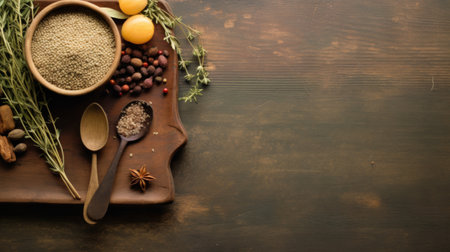 A wooden cutting board with a variety of spices and herbs, AIの素材