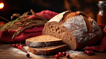 A loaf of bread with a candle and berries on the table, AIの素材