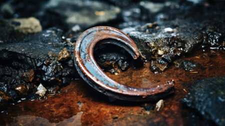 A rusty horseshoe laying on the ground in a muddy area, AIの素材