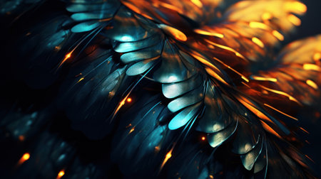 A close up of a leafy plant with shiny gold and blue lights, AIの素材