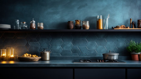 A kitchen with a blue wall and black counter tops, AIの素材