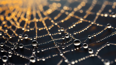 A spider web with water droplets on it in the evening, AIの素材