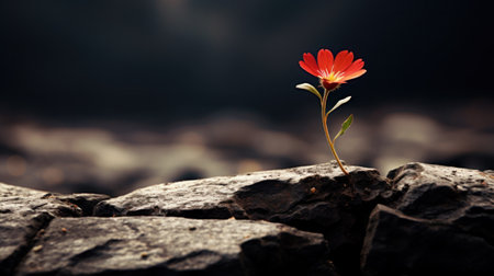 A lone red flower growing out of a rock formation, AIの素材