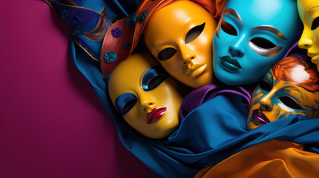 A group of colorful masks are placed on a blue cloth, AIの素材