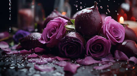 A bunch of purple roses are sitting on a table with water droplets, AIの素材