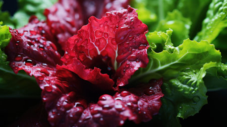 A close up of a red and green salad leaves with water droplets on it, AIの素材