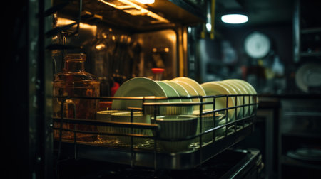 A dishwasher with dishes in it and a light on, AIの素材