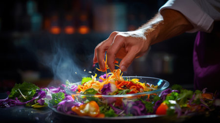 A person is preparing a salad in the bowl with spices, AIの素材