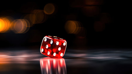 A red dice on a table with blurry lights in the background, AIの素材