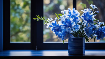 A blue flowers in a vase on the window sill, AIの素材
