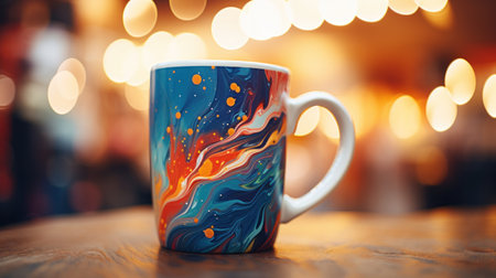 A coffee cup sitting on a table with lights in the background, AIの素材
