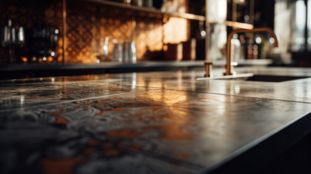 A kitchen counter with a sink and faucet in the background, AIの素材