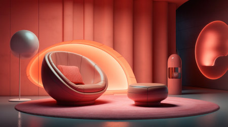 A room with a chair, ottoman and lamp in the middle, AIの素材