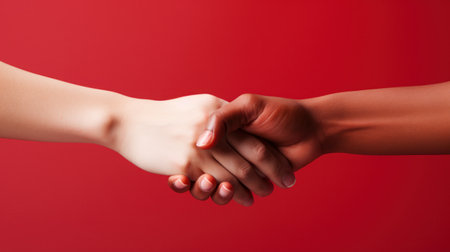 Two hands are shaking together in front of a red background, AIの素材