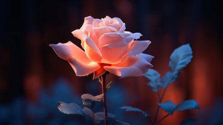 A close up of a pink rose with leaves in the background, AIの素材