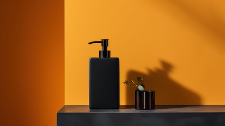 A black bottle with a vase in it sitting on top of a wall, AIの素材