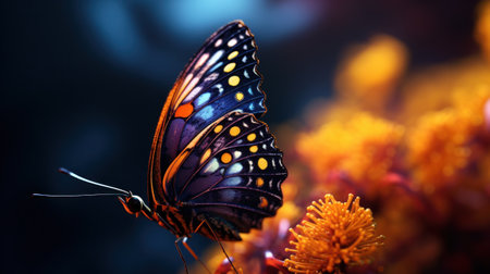 A butterfly sitting on a flower with orange and blue colors, AIの素材