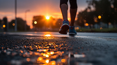 A person running on a wet road at sunset, AIの素材