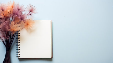 A notebook with a vase of flowers and some dried dandelions, AIの素材