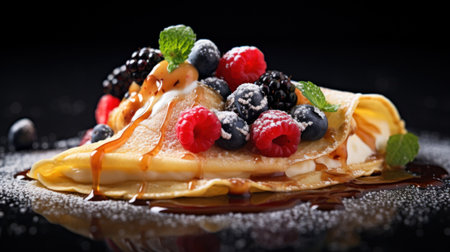 A dessert with berries and syrup on a plate covered in sugar, AIの素材